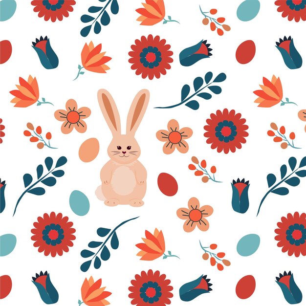 conejo de Pascua con flores y huevos