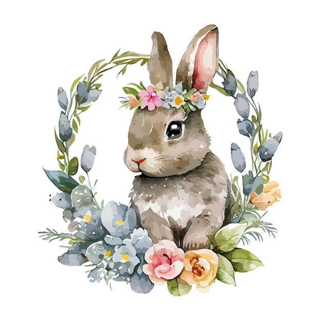 Conejo de Pascua con flores de primavera y hojas corona acuarela Lindo conejito vintage aislado sobre fondo blanco Ilustración vectorial