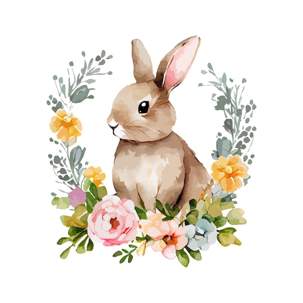 Conejo de Pascua con flores de primavera y hojas corona acuarela Lindo conejito vintage aislado sobre fondo blanco Ilustración vectorial