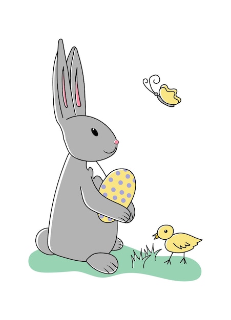 Conejo de pascua gris con mariposa de huevo y pollito Personaje de vector de vacaciones de dibujos animados