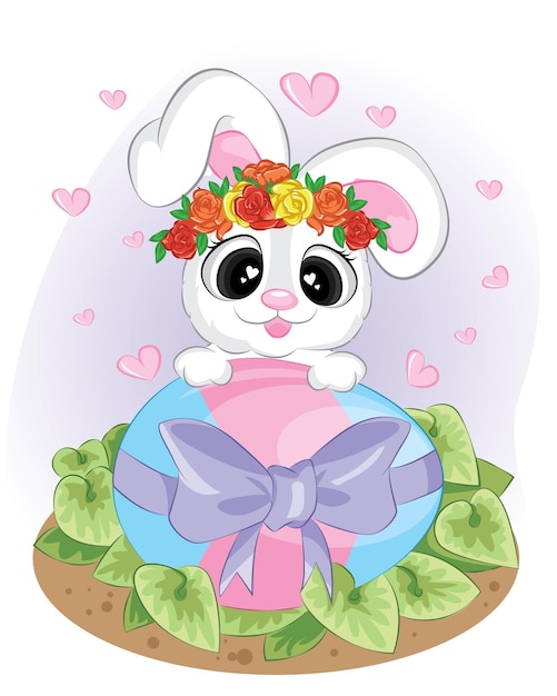 Conejo de Pascua con huevo pintado de azul y rosa Concepto de vacaciones de Pascua