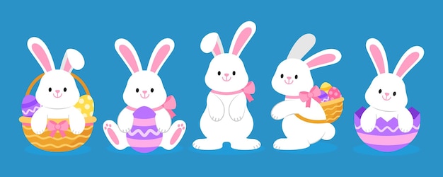 Vector conejo de pascua y huevos conejo blanco lindo personaje de dibujos animados vector de vacaciones estacionales felices