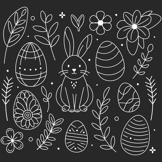 Vector conejo de pascua y huevos dibujados a mano en un fondo oscuro