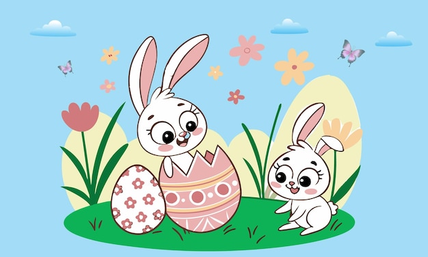 Conejo de Pascua con huevos y flores Ilustración