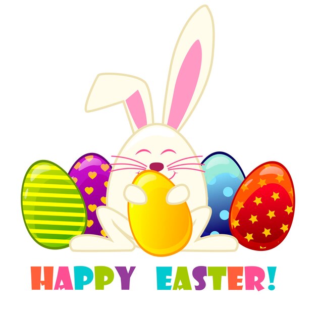 Conejo de Pascua con huevos Ilustración vectorial de un lindo conejo que sostiene huevos de Pascua
