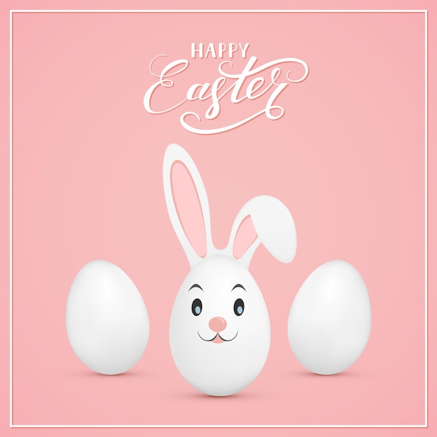 Conejo de Pascua y huevos con letras Feliz Pascua sobre fondo rosa, ilustración.