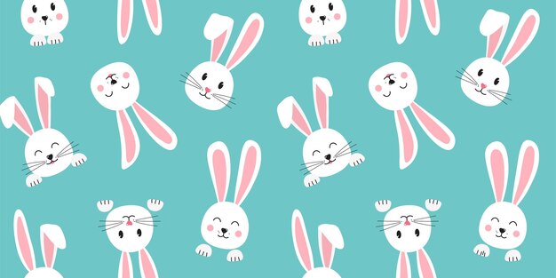 Conejo de pascua patrón sin costuras conejo lindo impresión de dibujos animados cabeza animal cara conejitos bebé personaje de primavera en fondo verde ilustración vectorial divertida