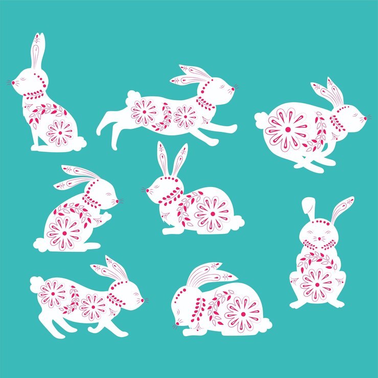 Conejo de Pascua en patrones étnicos en colores y vegetación con diferentes emblemas y plantas
