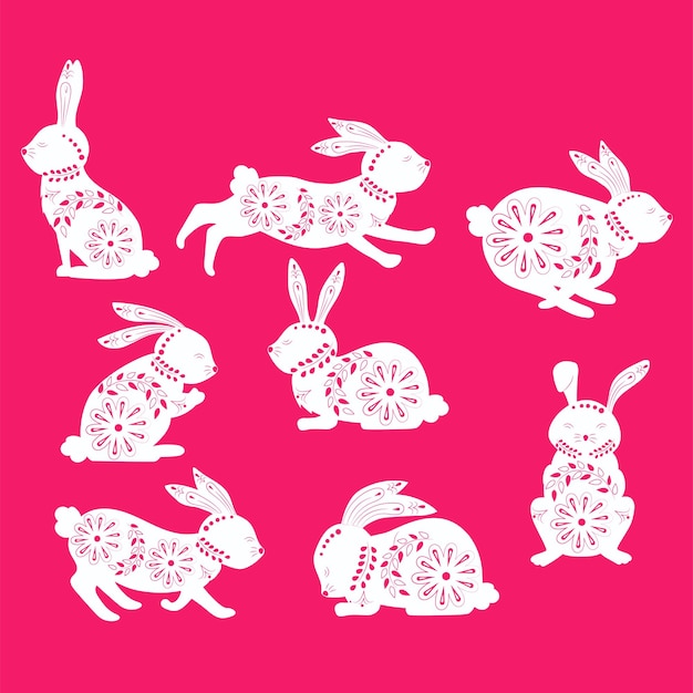 Conejo de Pascua en patrones étnicos en colores y vegetación con diferentes emblemas y plantas