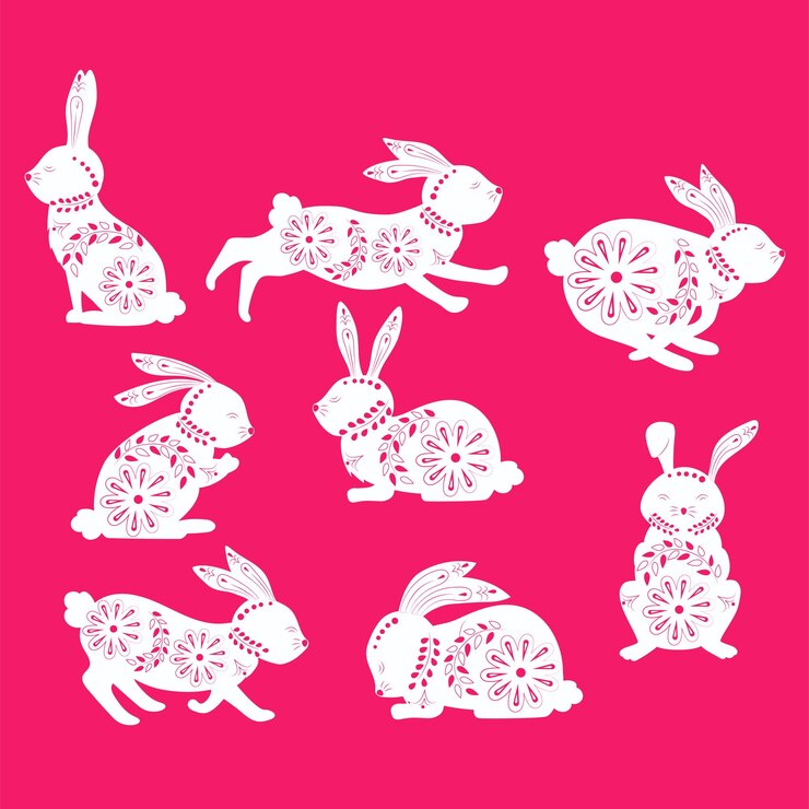 Conejo de Pascua en patrones étnicos en colores y vegetación con diferentes emblemas y plantas