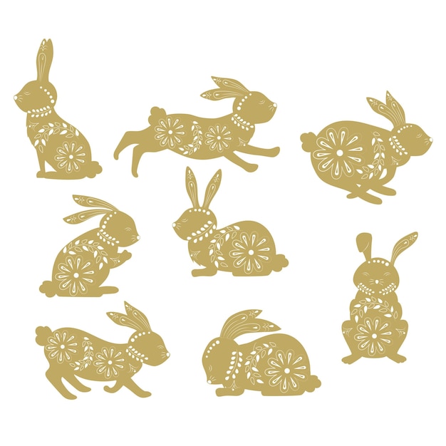 Conejo de Pascua en patrones étnicos en colores y vegetación con diferentes emblemas y plantas