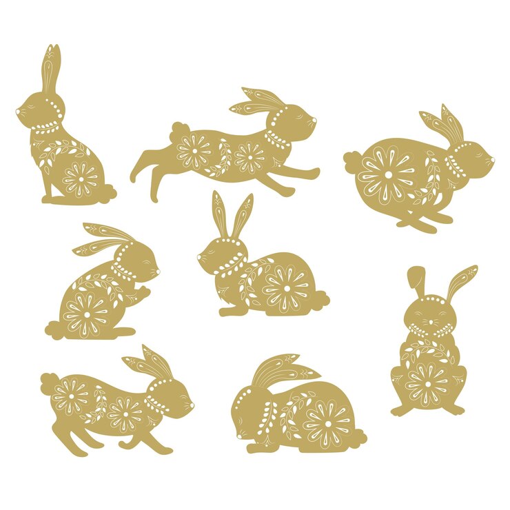 Conejo de Pascua en patrones étnicos en colores y vegetación con diferentes emblemas y plantas