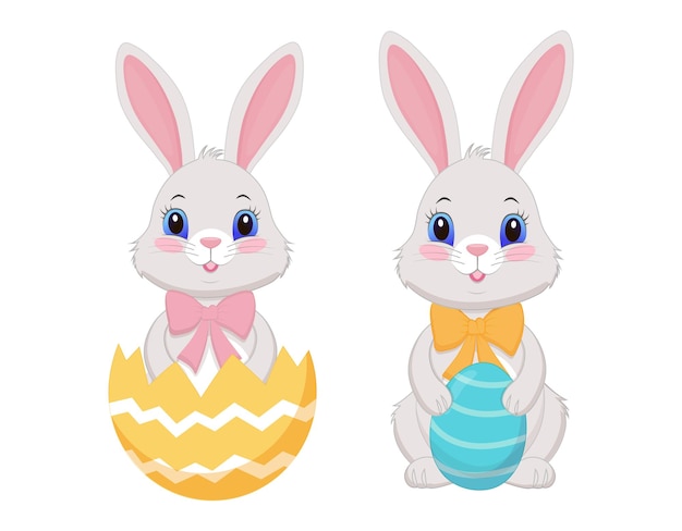 Vector conejo de pascua en un personaje de estilo plano en un conejo de fondo blanco con un huevo de pascua