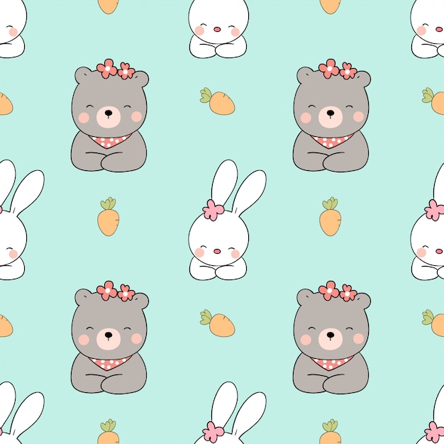 Conejo de patrones sin fisuras y oso en pastel verde.