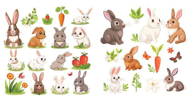 Vector conejo de primavera de dibujos animados con conejitos de pascua con zanahorias y flores