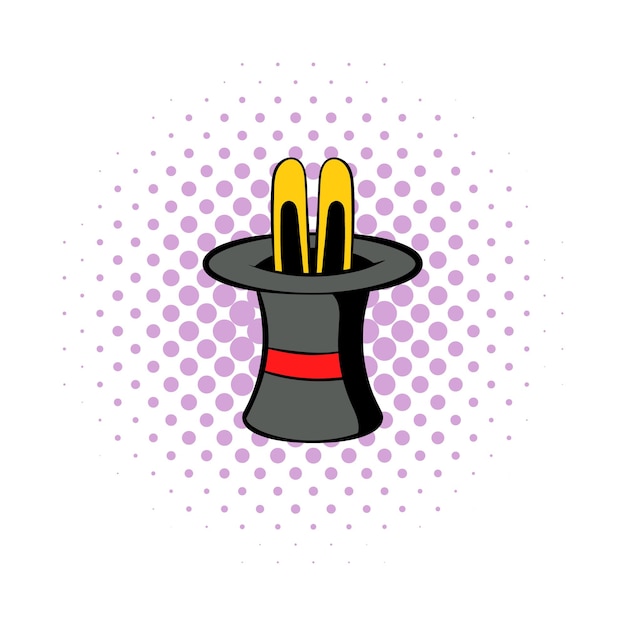 Vector conejo que aparece desde un ícono de sombrero mágico superior en estilo cómic sobre un fondo blanco