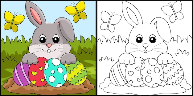 Conejo recogiendo huevo de pascua para colorear ilustración