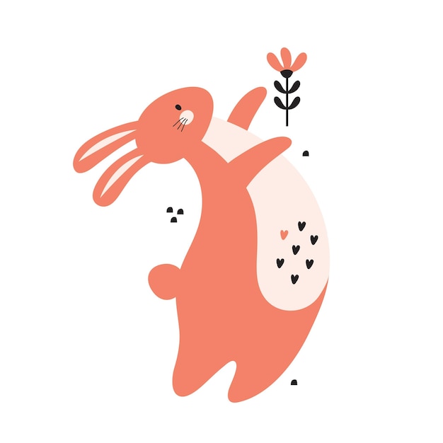 Conejo rosa feliz con flores y corazones Personaje de dibujos animados de conejito lindo aislado en un fondo blanco Feliz día de san valentín de pascua Ilustración infantil dibujada a mano en un estilo minimalista moderno