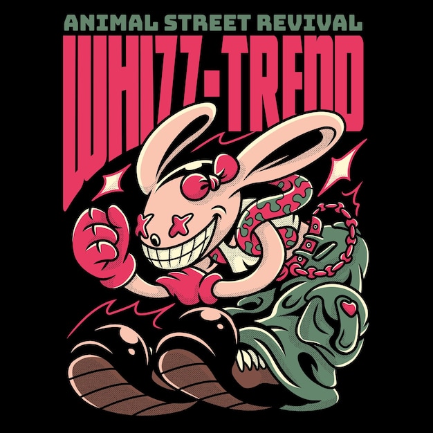 Vector conejo rosa con moda casual de la calle en la ilustración de dibujos animados