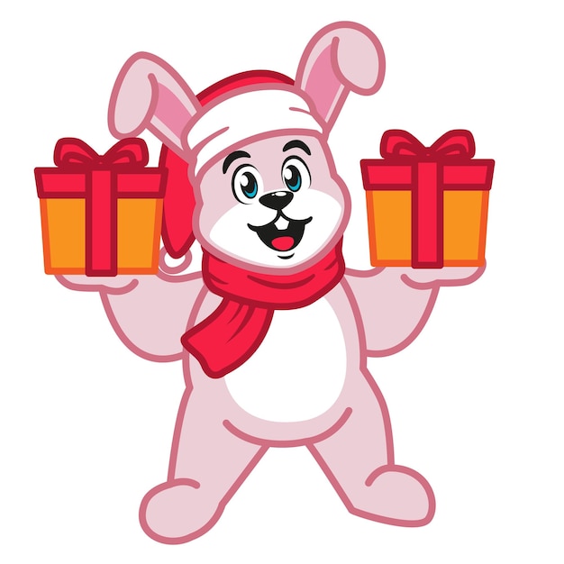 Conejo rosado de dibujos animados celebrando la Navidad