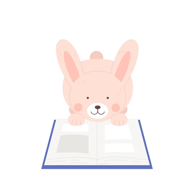 Un conejo rosado lindo leyendo un libro.