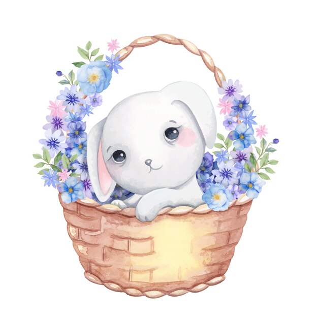 Vector conejo sentado en una cesta de flores ilustración acuarela dibujada a mano lindo animal