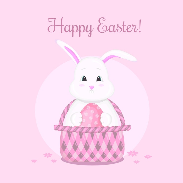 Vector un conejo se sienta en una canasta y sostiene un huevo de pascua ilustración de happy easter vector