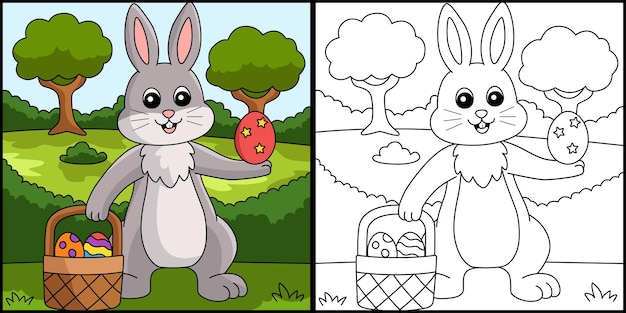 Conejo sosteniendo cesta de pascua para colorear ilustración