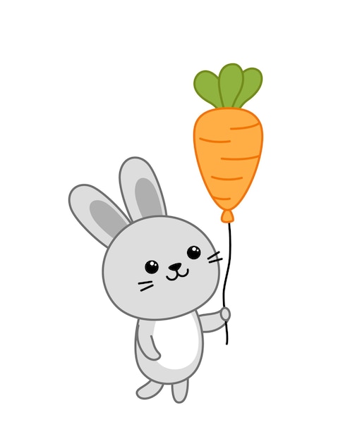 El conejo sostiene un globo en forma de zanahoria El conejo de Pascua con un globo Vector de dibujos animados