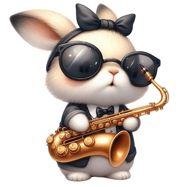 Conejo tocando el saxofón clipart acuarela
