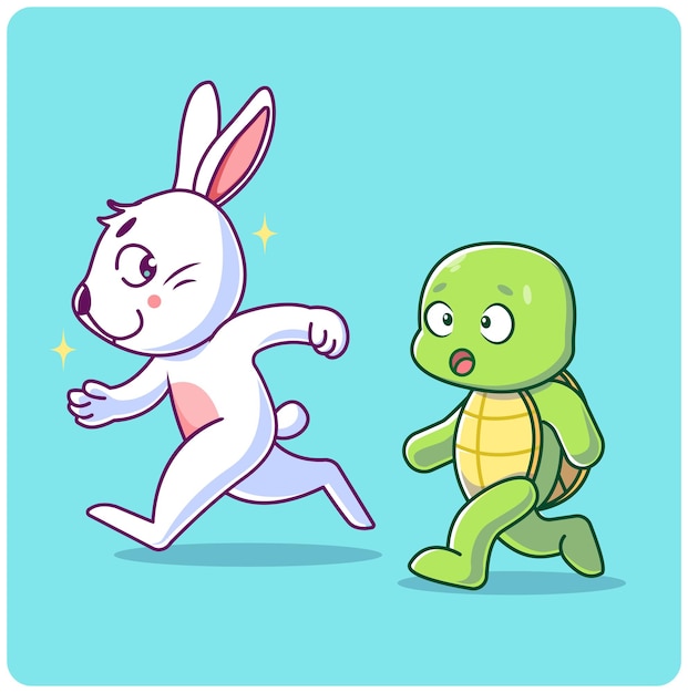 Conejo y tortuga corren para ganar la línea de meta