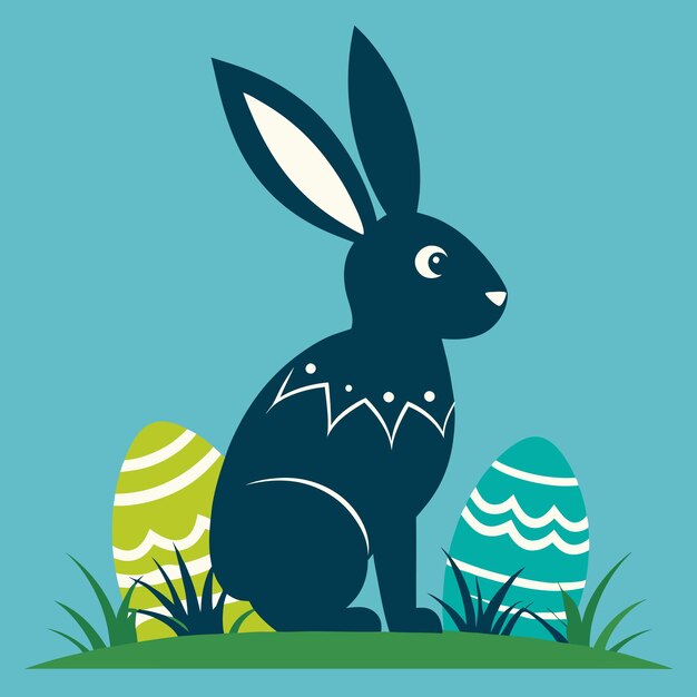 un conejo con un traje azul y blanco se sienta frente a un fondo azul con huevos de Pascua