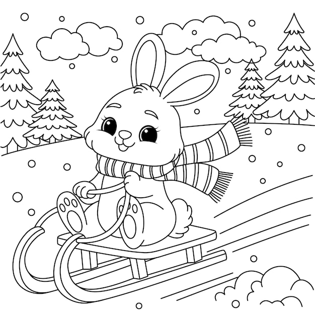 Conejo trineo página de colorear ilustración vectorial en blanco y negro en un estilo de dibujos animados para un colorear