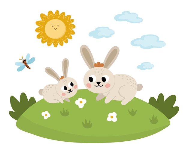 Conejo vectorial con bebé en un césped bajo el sol Ilustración de escena familiar de dibujos animados lindo para niños Animales de granja sobre fondo natural Foto plana colorida de madre y bebé para niños