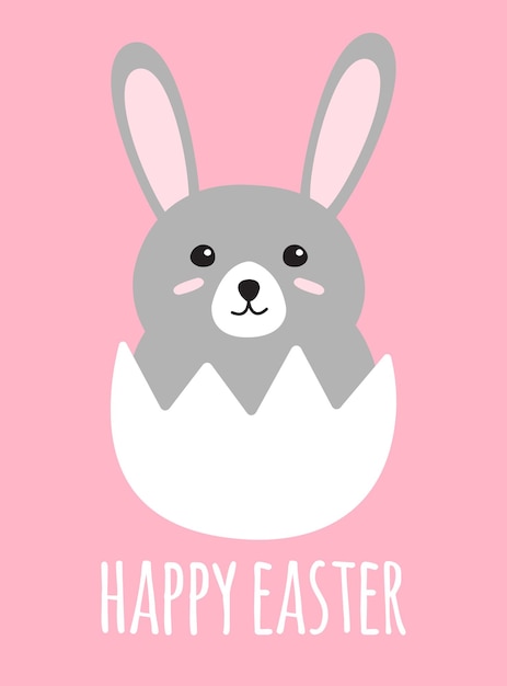 Conejo vectorial en cáscara de huevo y letras felices de Pascua