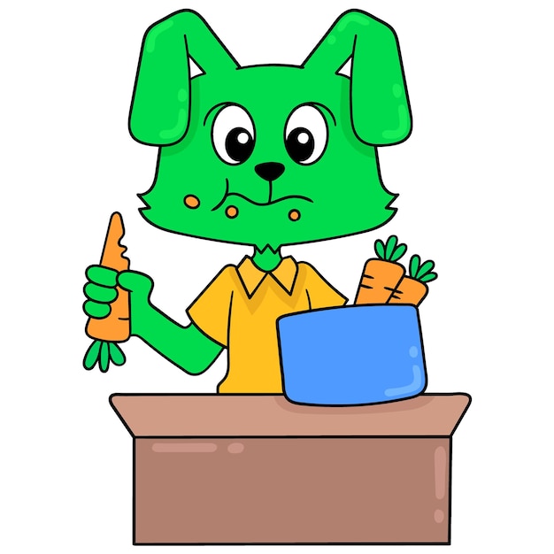 Vector conejo verde disfrutando de sayuran de verduras de zanahoria, arte de ilustración vectorial. imagen de icono de doodle kawaii.