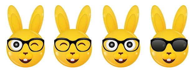 Conejos amarillos con gafas Conjunto de iconos 3d brillantes Riendo y guiñando un conejito Gafas de sol Emoji