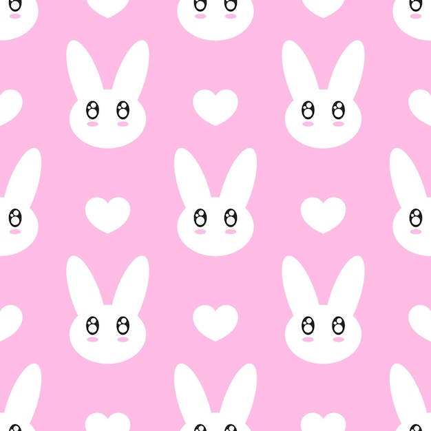 Conejos blancos con ojos kawaii y corazones en fondo rosado patrón sin costuras vectorial