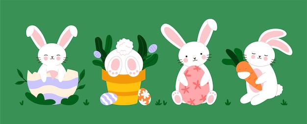 Conejos blancos de Pascua con huevos