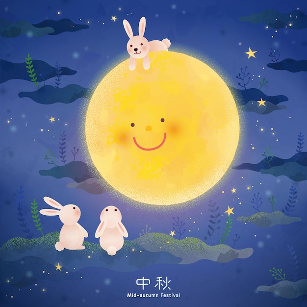 Conejos disfrutando de la luna en la noche estrellada, el nombre del festival de mediados de otoño escrito en palabras chinas