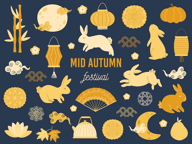 Conejos del festival de mediados de otoño Lotus mooncake luna asiática con nubes y vector de conejo dorado Conjunto de ilustración