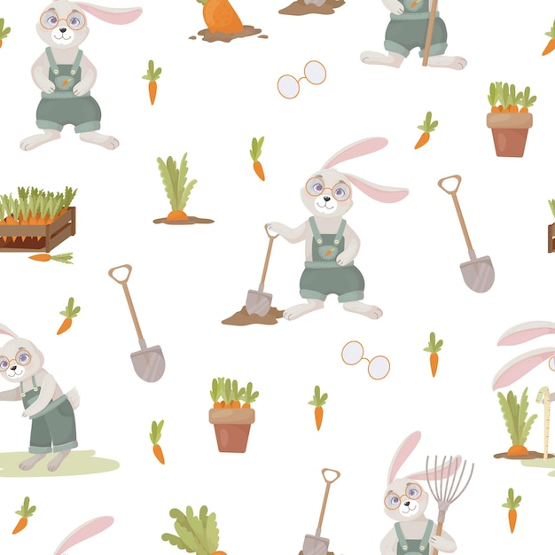 conejos grises. Patrón de zanahoria y conejo. Lindo estampado infantil de vegetales y animales. ilustración vectorial