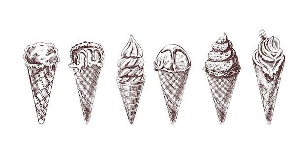 Conejos de helado vintage dibujados a mano en estilo boceto