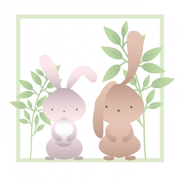 Conejos con icono aislado de ramas y hojas