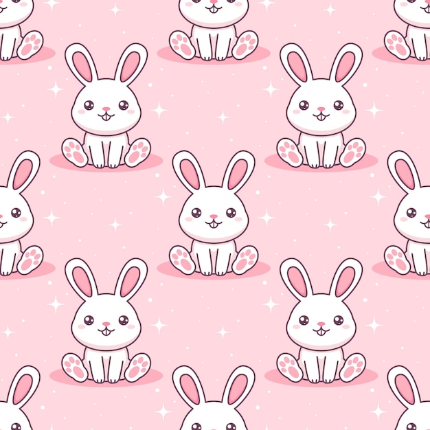 Conejos kawaii blancos sobre un fondo rosado patrón sin costuras vectorial