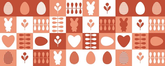 Vector conejos lindos con rayas y puntos, huevos y flores, pancarta horizontal de pascua, impresión perfecta para tazas de tarjetas, gran diseño de primavera para cualquier proyecto.