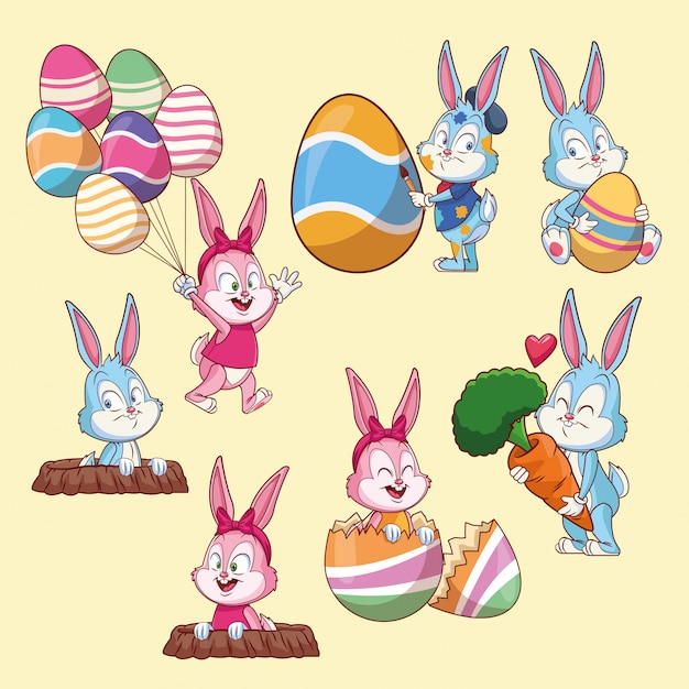 Conejos de Pascua y huevos de dibujos animados