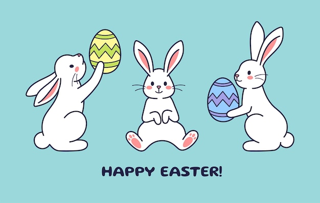 Conejos de Pascua con huevos pintados Ilustración de diseño plano vectorial