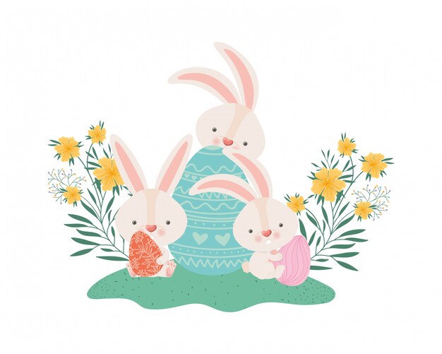 Conejos de Pascua con icono de huevos y flores