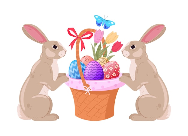 Conejos de pascua de primavera huevos de pollo pintados y conejitos lindos llebres de pascua con canasta llena de huevos ilustración vectorial plana elementos del juego de caza de huevos de primavera